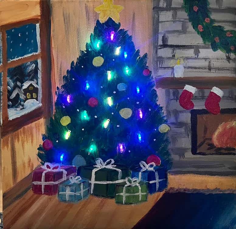 キッズ: 本物の電球をつけたクリスマスツリー